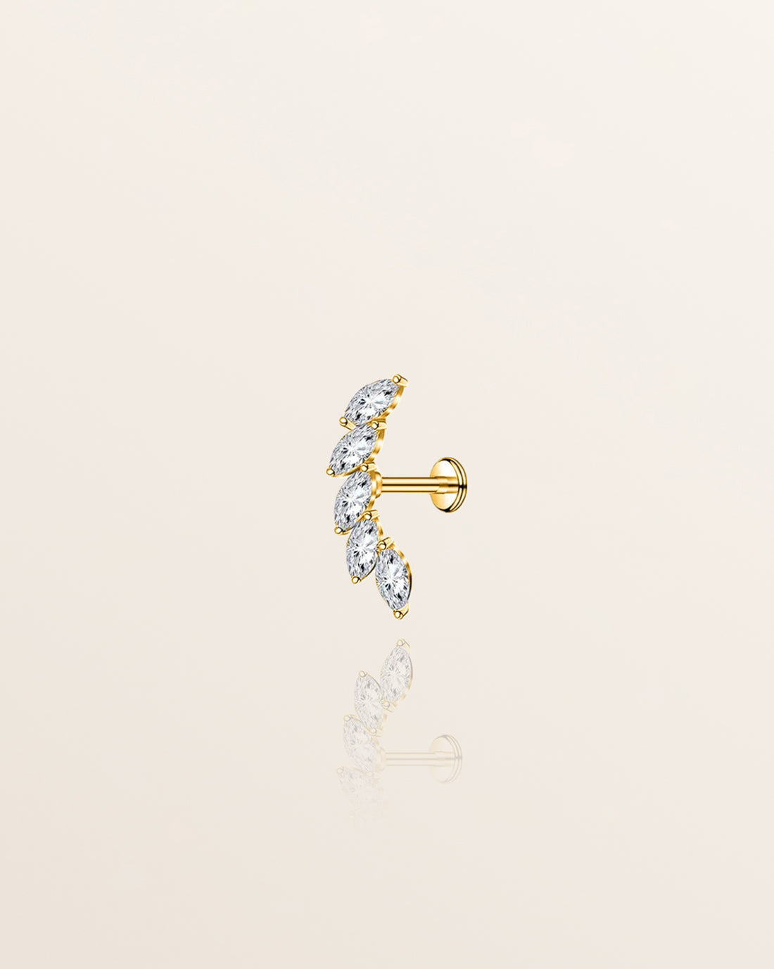 A single gold stud earring with five sparkling white stones set in high-quality 18ct gold plating, designed for comfort and waterproof.