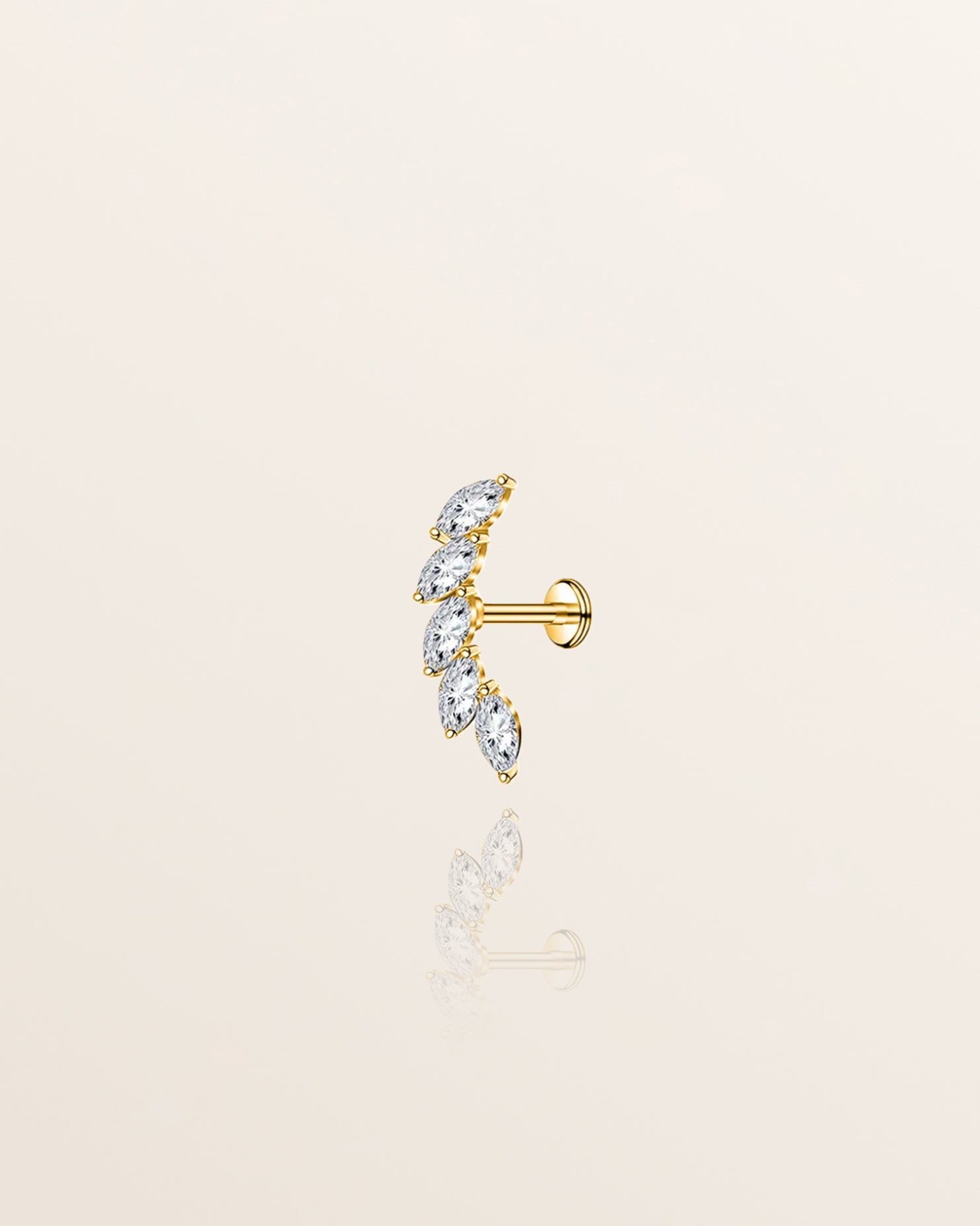 A single gold stud earring with five sparkling white stones set in high-quality 18ct gold plating, designed for comfort and waterproof.