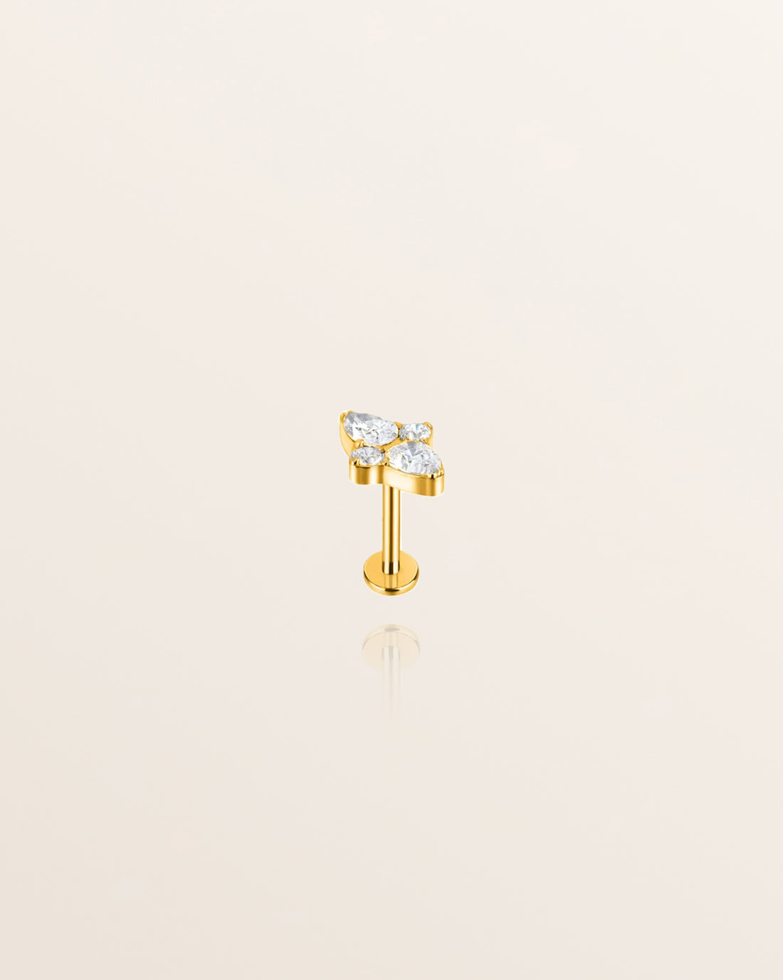A single gold stud earring with a flat back and four white stones set in it, designed for forward helix ear piercings or other ear piercings.