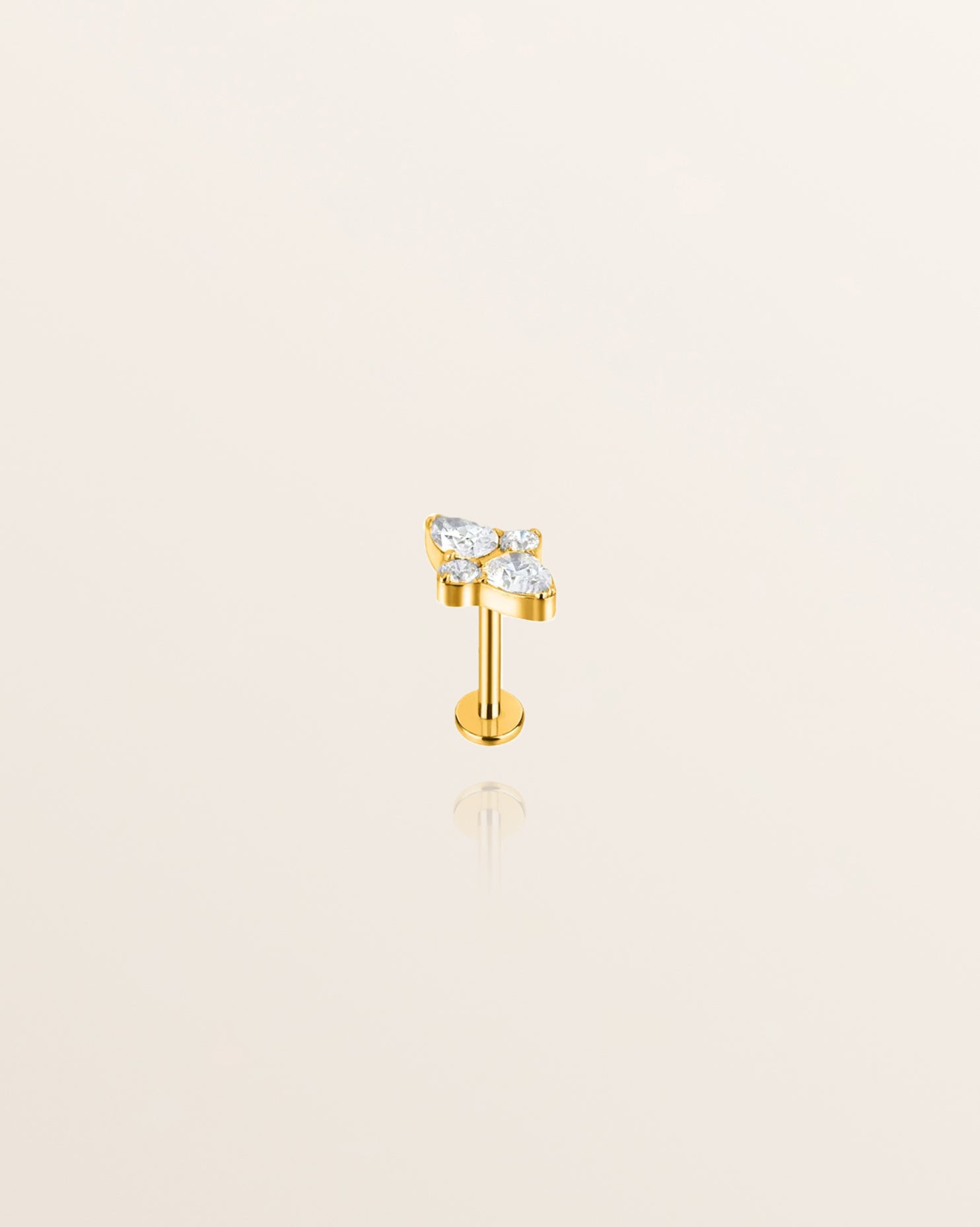 A single gold stud earring with a flat back and four white stones set in it, designed for forward helix ear piercings or other ear piercings.