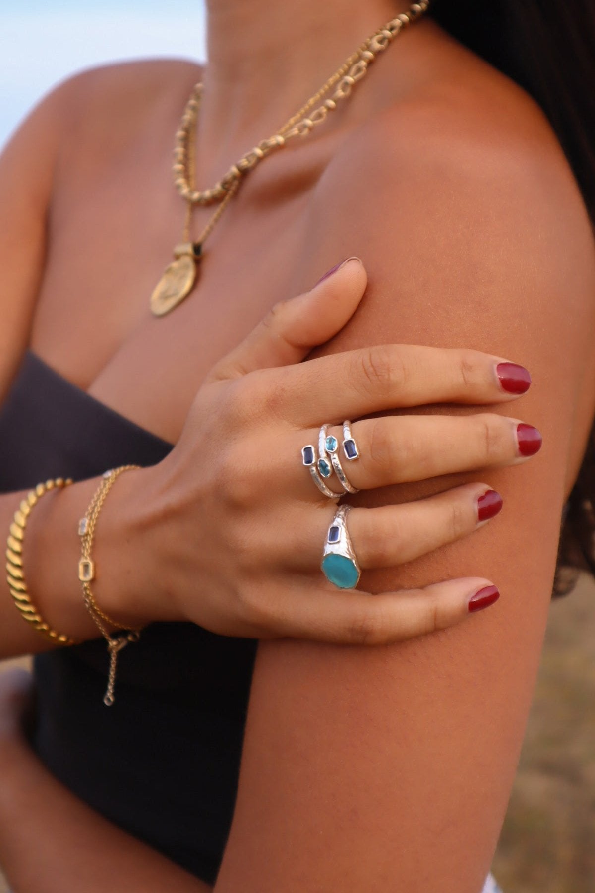 Cosmic Gemstone Ring - Parabia Chalcedony & Sapphire, Silver