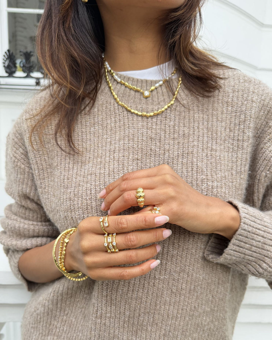 Pearl and gold nugget necklace layered jewellery