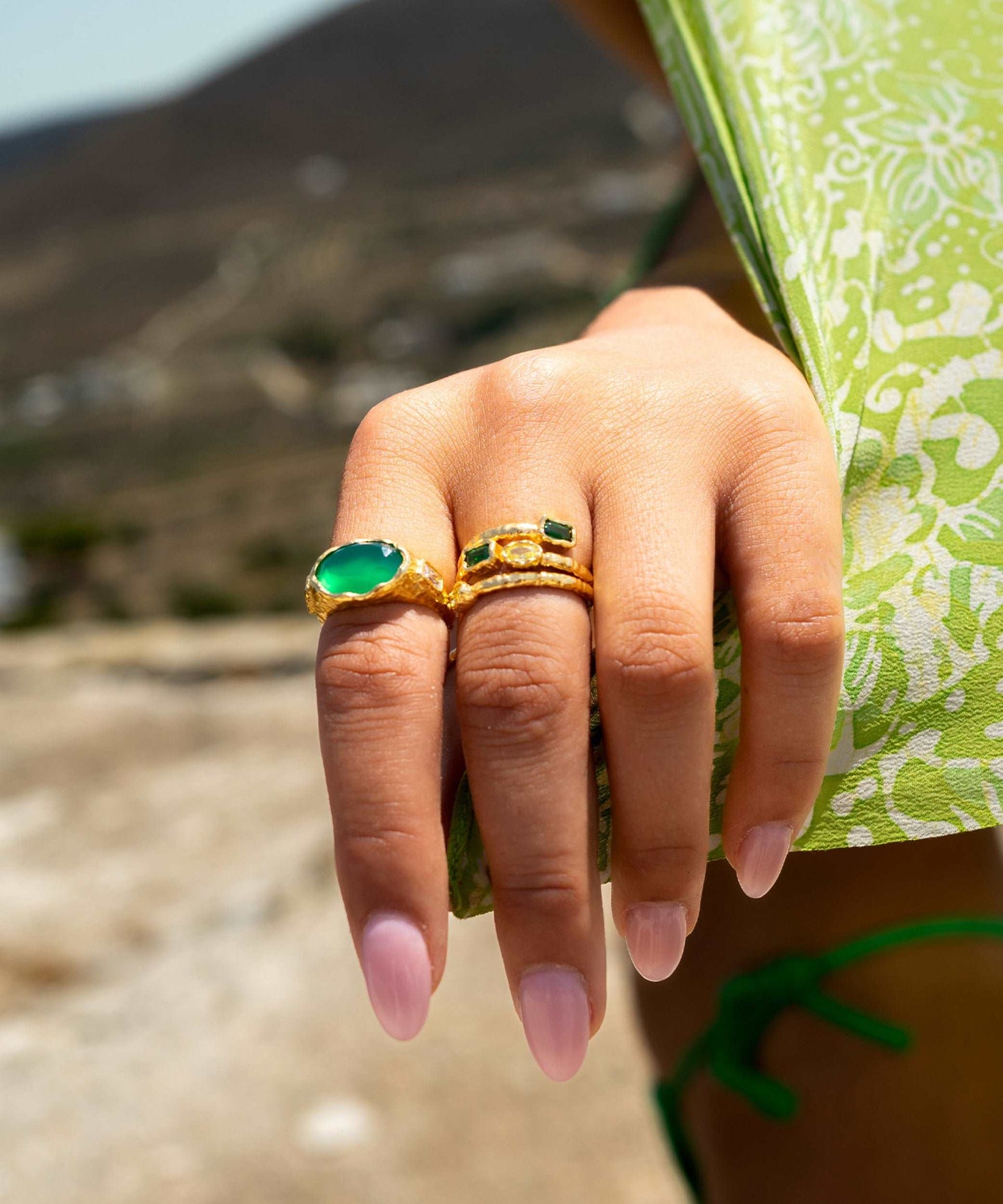 Cosmic Gemstone Ring - Green Chalcedony and White