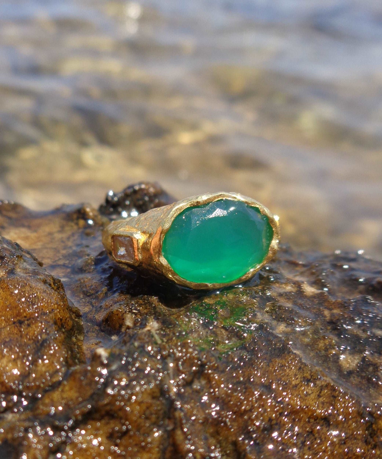 Cosmic Gemstone Ring - Green Chalcedony and White