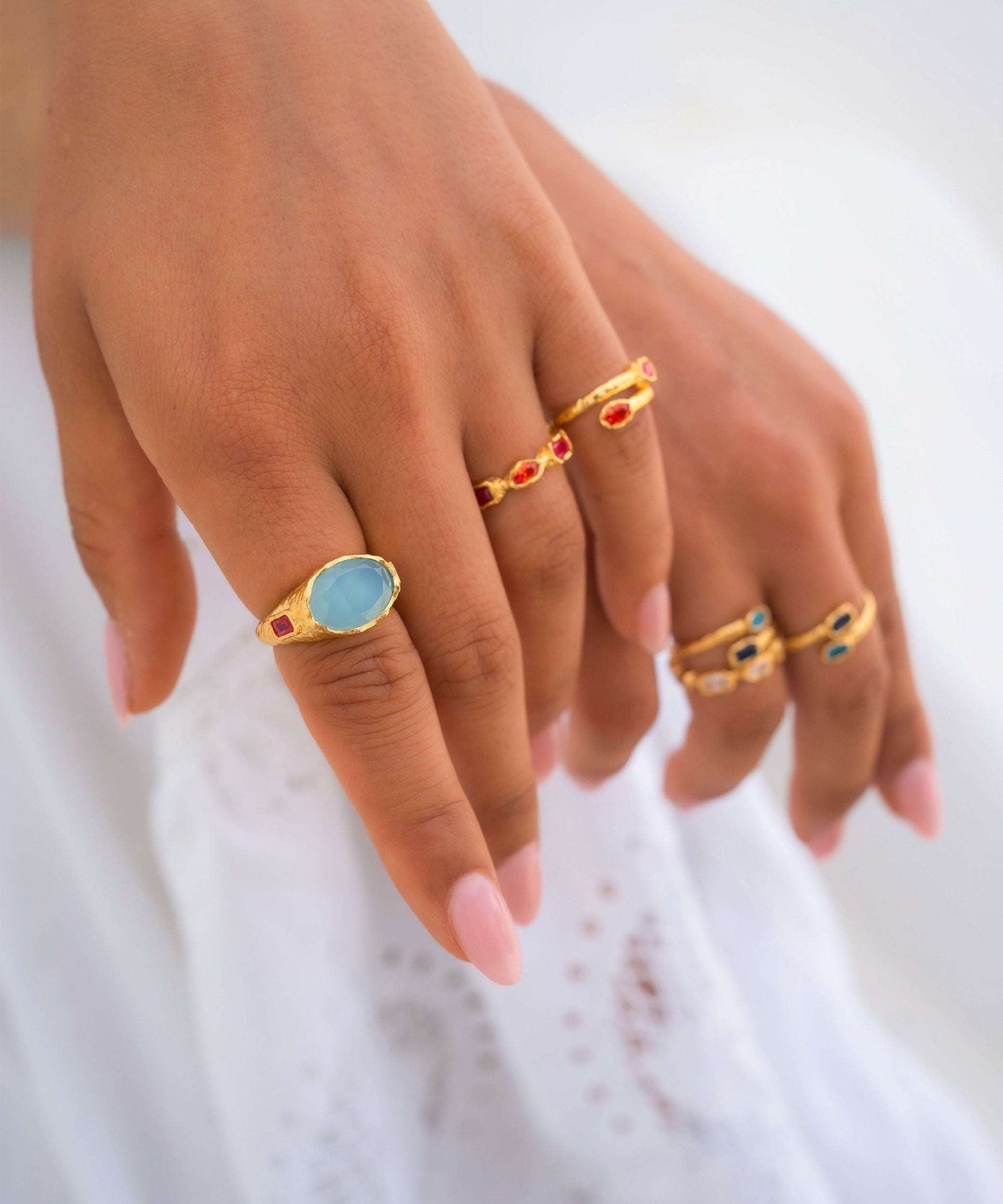 Cosmic Gemstone Ring - Aqua Chalcedony and Magenta