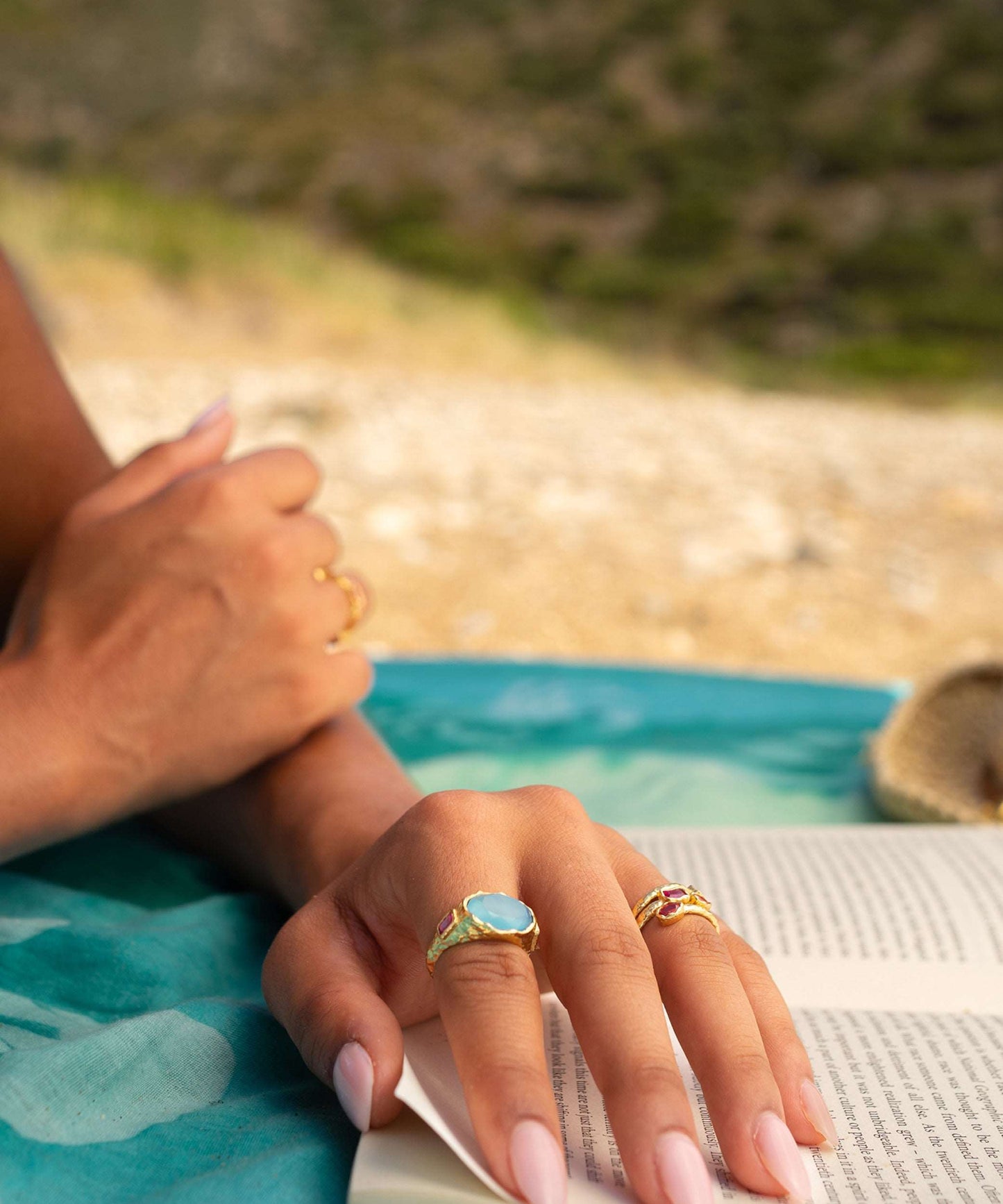 Cosmic Gemstone Ring - Aqua Chalcedony and Magenta