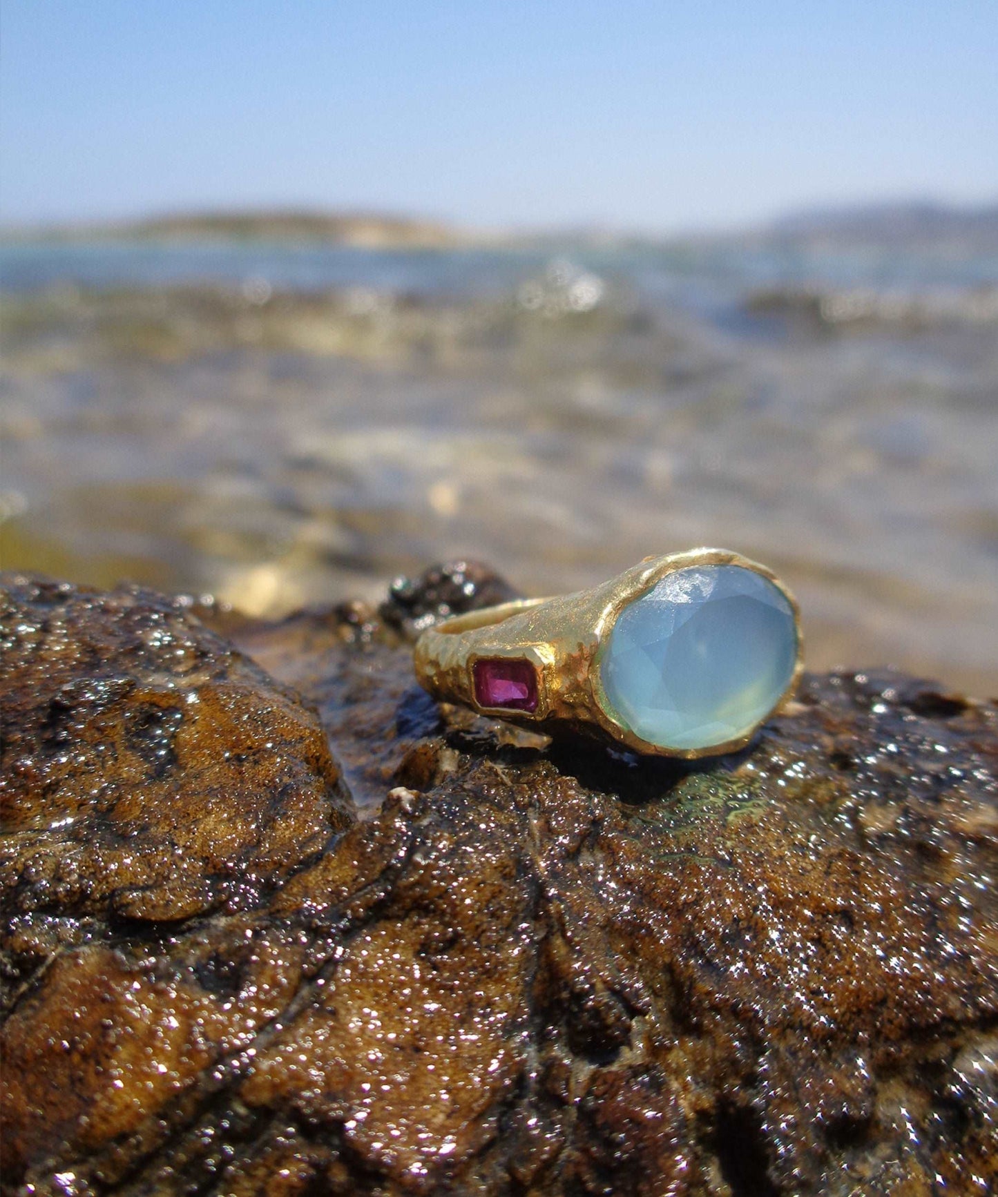 Cosmic Gemstone Ring - Aqua Chalcedony and Magenta