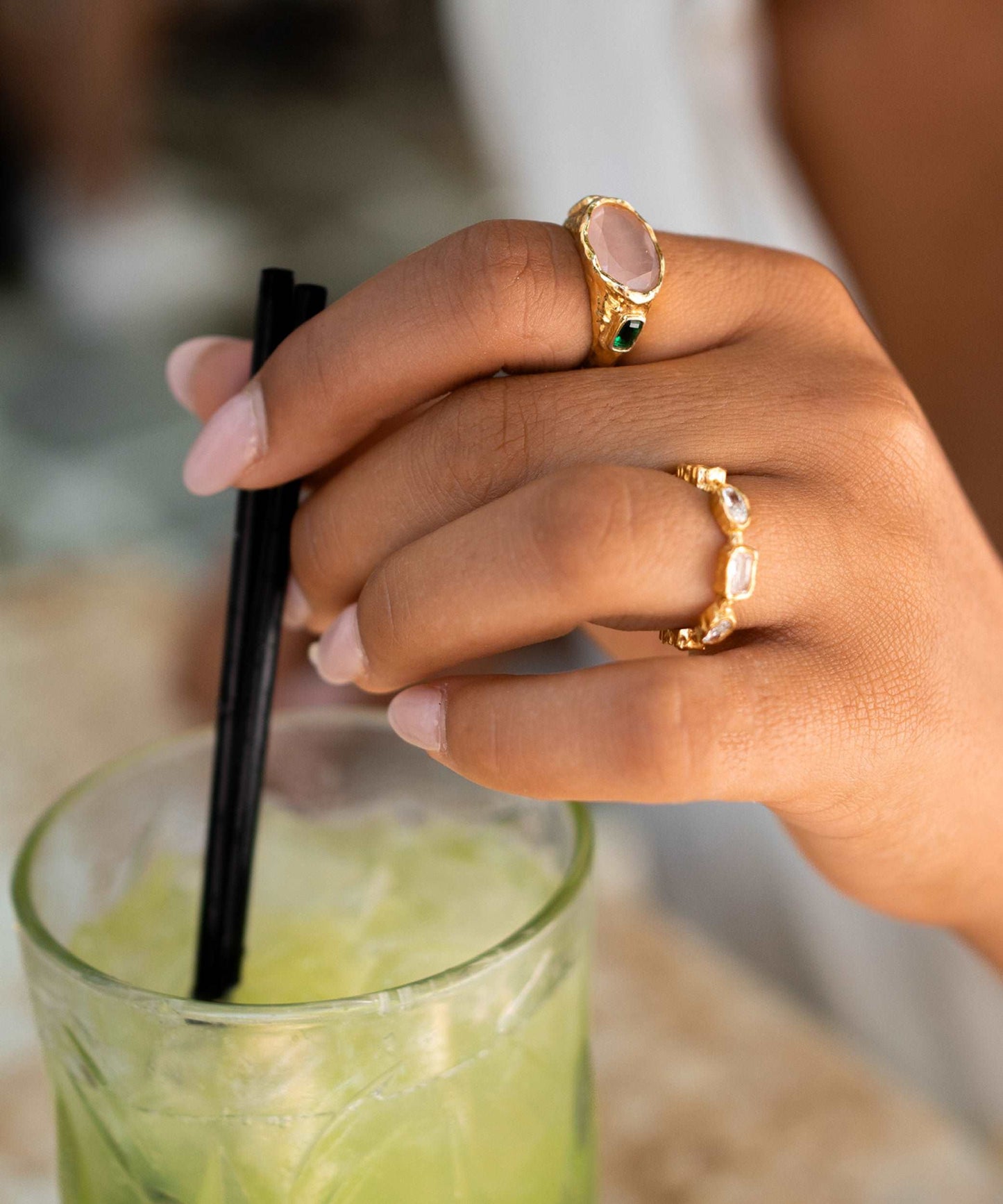 Cosmic Gemstone Ring - Rose Quartz and Green