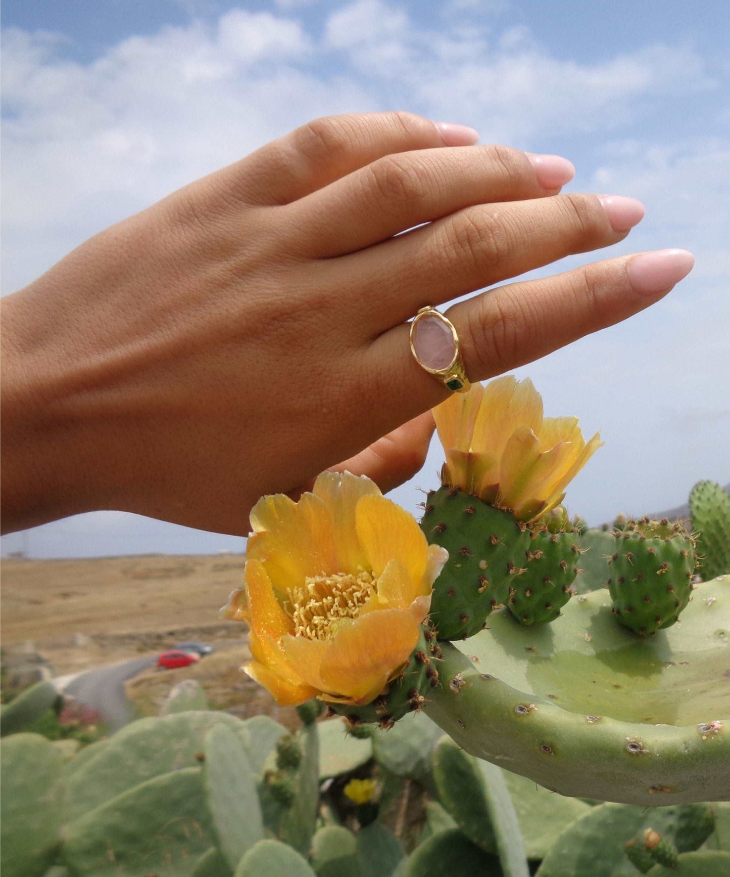 Cosmic Gemstone Ring - Rose Quartz and Green